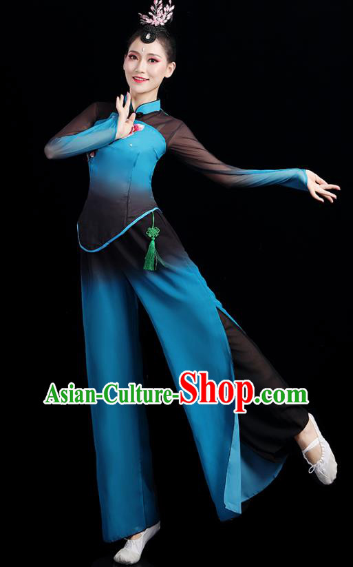 China Folk Dance Competition Clothing Group Fan Dance Costume Yangko Dance Blue Outfits China Folk Dance Competition Clothing Group Fan Dance Costume Yangko Dance Blue Outfits