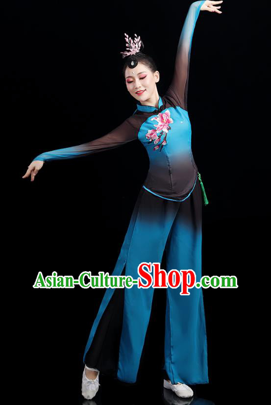 China Folk Dance Competition Clothing Group Fan Dance Costume Yangko Dance Blue Outfits China Folk Dance Competition Clothing Group Fan Dance Costume Yangko Dance Blue Outfits