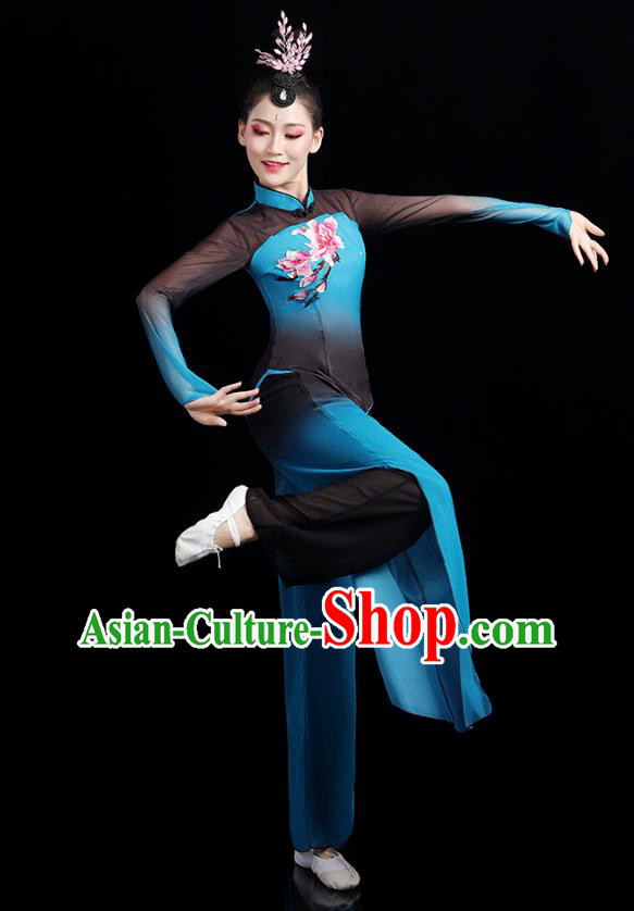 China Folk Dance Competition Clothing Group Fan Dance Costume Yangko Dance Blue Outfits China Folk Dance Competition Clothing Group Fan Dance Costume Yangko Dance Blue Outfits