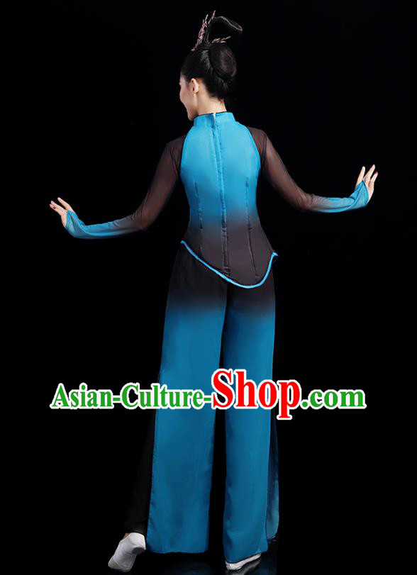 China Folk Dance Competition Clothing Group Fan Dance Costume Yangko Dance Blue Outfits China Folk Dance Competition Clothing Group Fan Dance Costume Yangko Dance Blue Outfits