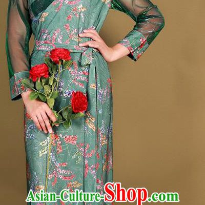 China Traditional Zang Nationality Minority Clothing Tibetan Kangba Woman Green Bola Dress