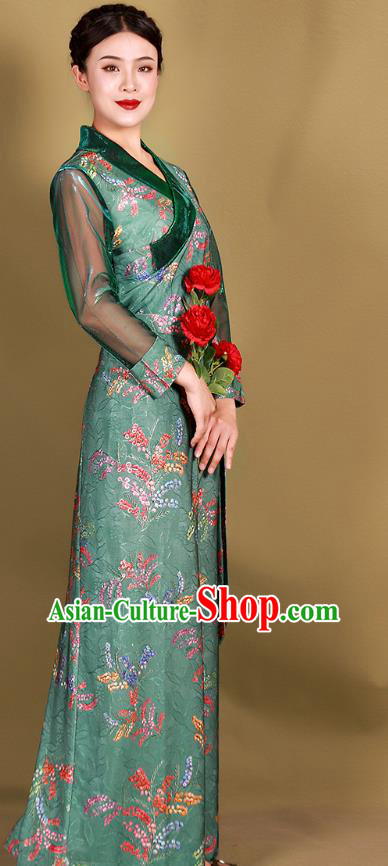 China Traditional Zang Nationality Minority Clothing Tibetan Kangba Woman Green Bola Dress