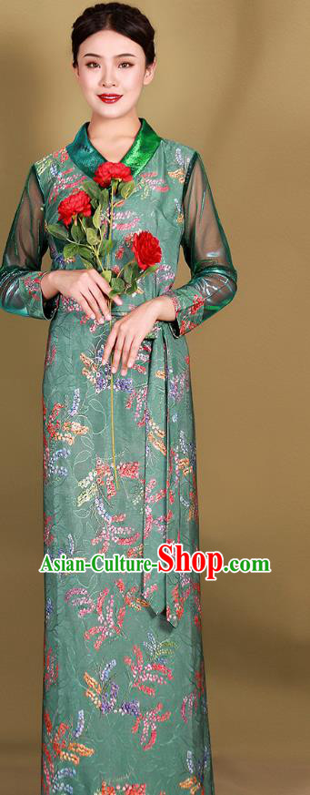 China Traditional Zang Nationality Minority Clothing Tibetan Kangba Woman Green Bola Dress