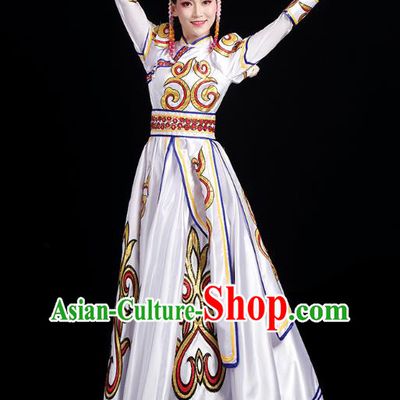 Chinese Traditional Mongol Nationality Folk Dance Costumes Mongolian Ethnic Minority Woman White Dress