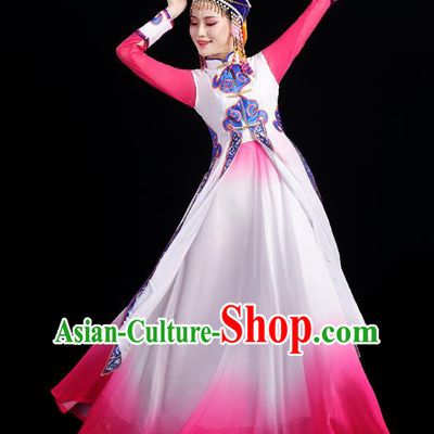 Chinese Mongolian Ethnic Minority Stage Performance Pink Dress Traditional Mongol Nationality Folk Dance Costumes