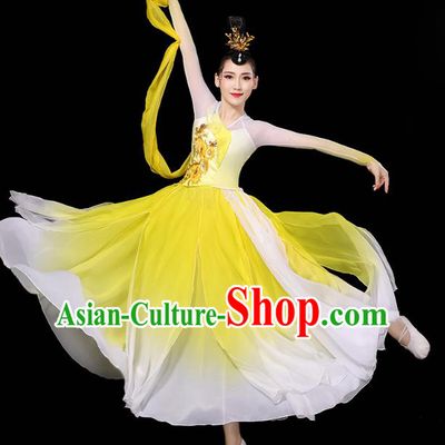 Chinese Goddess Group Dance Clothing Classical Dance Yellow Dress Traditional Stage Performance Costume