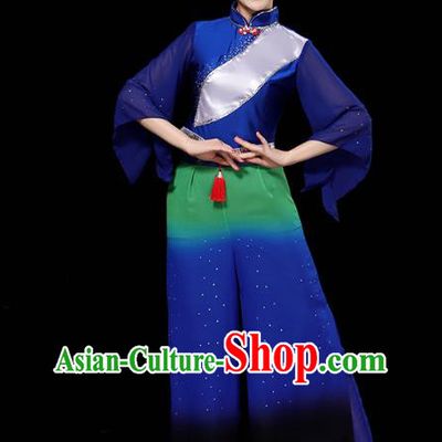 China Folk Dance Deep Blue Outfits Yangko Dance Performance Clothing Traditional Fan Dance Costume