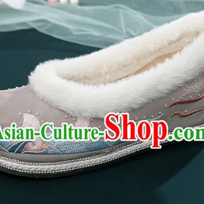 China Traditional Ming Dynasty Princess Shoes Ancient Hanfu Embroidered Grey Bow Shoes National Woman Winter Cloth Shoes