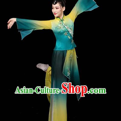 China Yangko Dance Performance Clothing Traditional Fan Dance Costume Folk Dance Embroidered Green Outfits