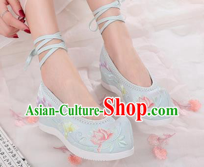 China National Woman Light Blue Cloth Shoes Traditional Embroidered Wedges Shoes Handmade Shoes China National Woman Light Blue Cloth Shoes Traditional Embroidered Wedges Shoes Handmade Shoes