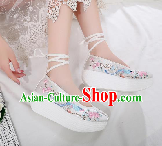 China Embroidered Peach Blossom Shoes Traditional Hanfu White Satin Shoes Handmade Platform Shoes China Embroidered Peach Blossom Shoes Traditional Hanfu White Satin Shoes Handmade Platform Shoes