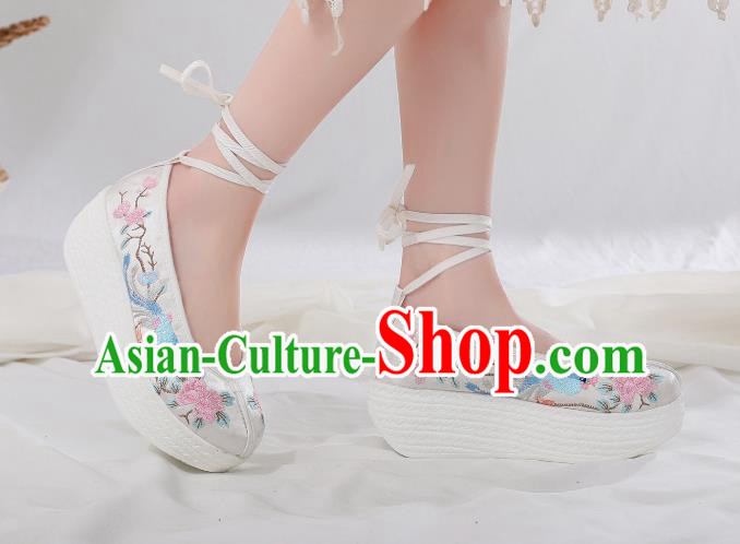 China Embroidered Peach Blossom Shoes Traditional Hanfu White Satin Shoes Handmade Platform Shoes China Embroidered Peach Blossom Shoes Traditional Hanfu White Satin Shoes Handmade Platform Shoes