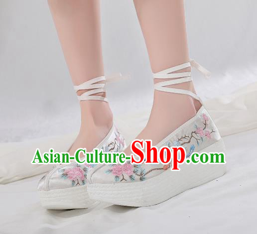China Embroidered Peach Blossom Shoes Traditional Hanfu White Satin Shoes Handmade Platform Shoes China Embroidered Peach Blossom Shoes Traditional Hanfu White Satin Shoes Handmade Platform Shoes