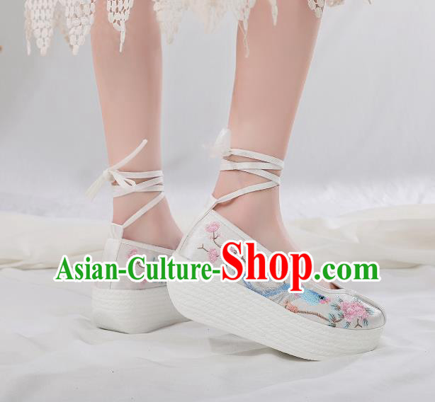 China Embroidered Peach Blossom Shoes Traditional Hanfu White Satin Shoes Handmade Platform Shoes China Embroidered Peach Blossom Shoes Traditional Hanfu White Satin Shoes Handmade Platform Shoes