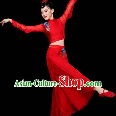 China Traditional Yangko Group Dance Clothing Fan Dance Costume Folk Dance Red Chiffon Outfits