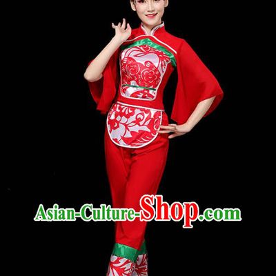 China Folk Dance Drum Dance Red Outfits Traditional Yangko Dance Clothing Fan Dance Costume
