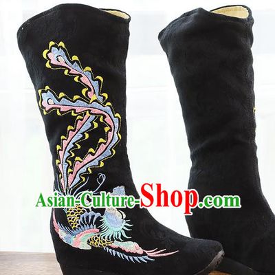 Chinese Traditional Hanfu Swordsman Black Cloth Boots National Embroidered Phoenix Shoes