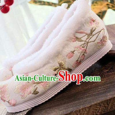 China Traditional Ming Dynasty Hanfu Shoes Embroidered Begonia Shoes National White Cloth Shoes