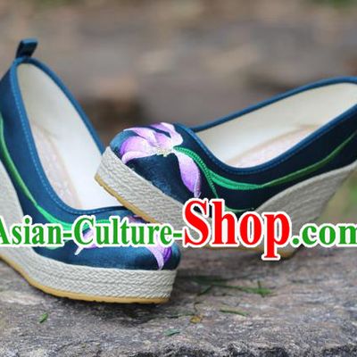 Chinese Yunnan Ethnic Folk Dance Wedge Heel Shoes National Embroidered Orchids Navy Satin Shoes