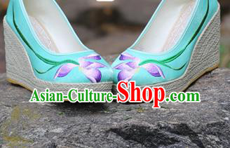 Chinese National Embroidered Orchids Green Satin Shoes Yunnan Ethnic Folk Dance Wedge Heel Shoes Chinese National Embroidered Orchids Green Satin Shoes Yunnan Ethnic Folk Dance Wedge Heel Shoes