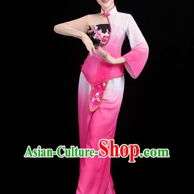 China Folk Dance Fan Dance Rosy Outfits Traditional New Year Yangko Dance Clothing