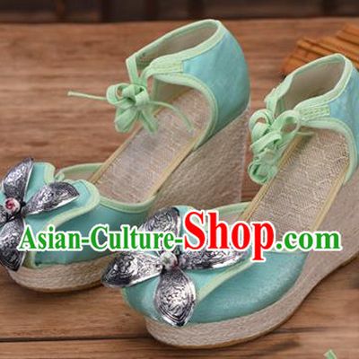 Chinese National Green Cloth Shoes Yunnan Ethnic Silver Wedge Heel Sandal Summer Shoes