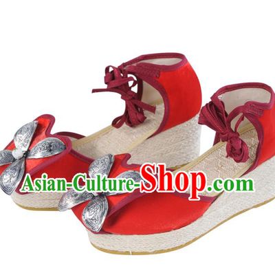 Chinese Yunnan Ethnic Silver Wedge Heel Sandal Summer Shoes National Red Cloth Shoes