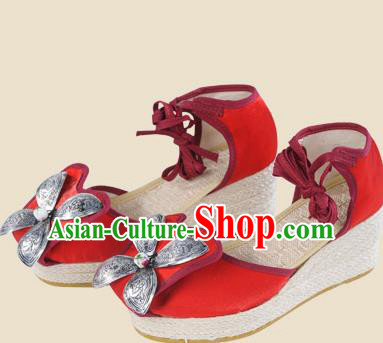 Chinese Yunnan Ethnic Silver Wedge Heel Sandal Summer Shoes National Red Cloth Shoes Chinese Yunnan Ethnic Silver Wedge Heel Sandal Summer Shoes National Red Cloth Shoes
