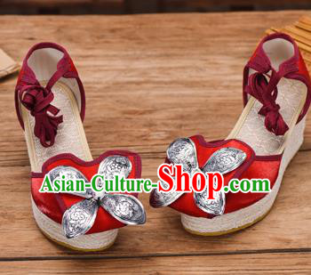 Chinese Yunnan Ethnic Silver Wedge Heel Sandal Summer Shoes National Red Cloth Shoes Chinese Yunnan Ethnic Silver Wedge Heel Sandal Summer Shoes National Red Cloth Shoes