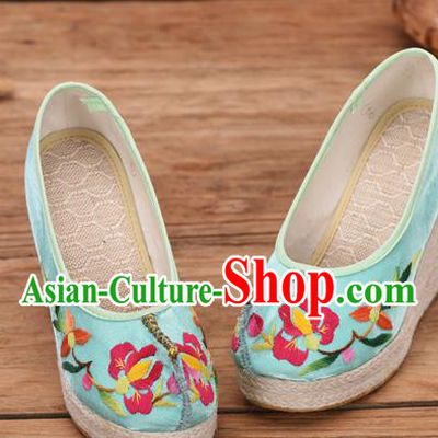 Chinese Yunnan Ethnic Blue Cloth Wedge Heel Shoes National Embroidered Shoes