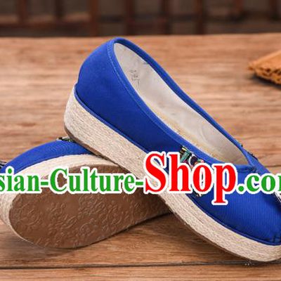 Chinese National Embroidered Royalblue Cloth Shoes Yunnan Miao Ethnic Folk Dance Wedge Heel Shoes