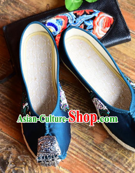Chinese National Embroidered Royalblue Cloth Shoes Yunnan Miao Ethnic Folk Dance Wedge Heel Shoes Chinese National Embroidered Royalblue Cloth Shoes Yunnan Miao Ethnic Folk Dance Wedge Heel Shoes