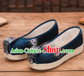 Chinese National Embroidered Royalblue Cloth Shoes Yunnan Miao Ethnic Folk Dance Wedge Heel Shoes Chinese National Embroidered Royalblue Cloth Shoes Yunnan Miao Ethnic Folk Dance Wedge Heel Shoes