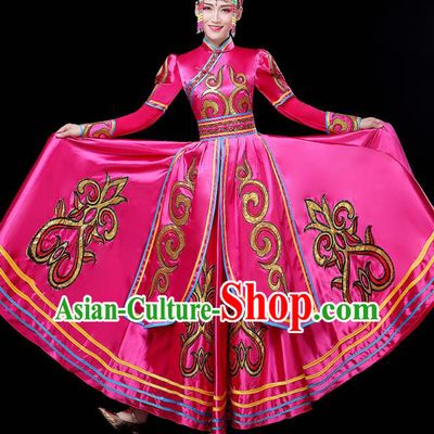 Chinese Traditional Mongolian Nationality Woman Costume Mongol Ethnic Folk Dance Rosy Dress