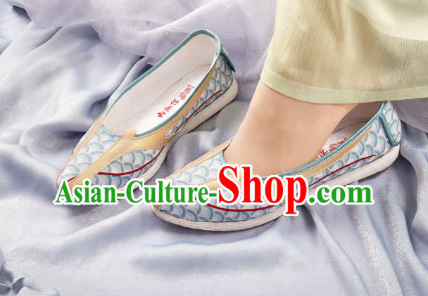China Traditional Hanfu Shoes Handmade Light Blue Cloth Shoes National Dragon Horn Shoes China Traditional Hanfu Shoes Handmade Light Blue Cloth Shoes National Dragon Horn Shoes