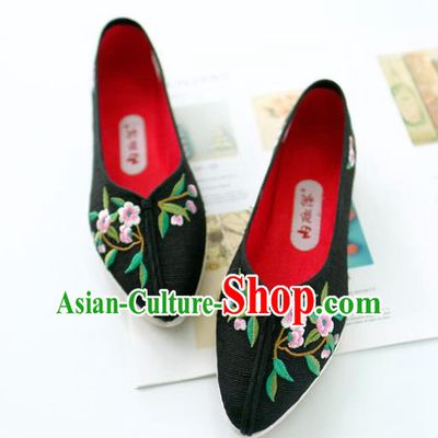 China National Embroidered Flowers Shoes Traditional Folk Dance Shoes Handmade Black Cloth Shoes