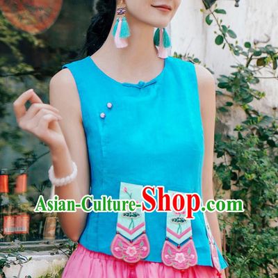China National Tang Suit Upper Outer Garment Clothing Traditional Embroidered Blue Vest
