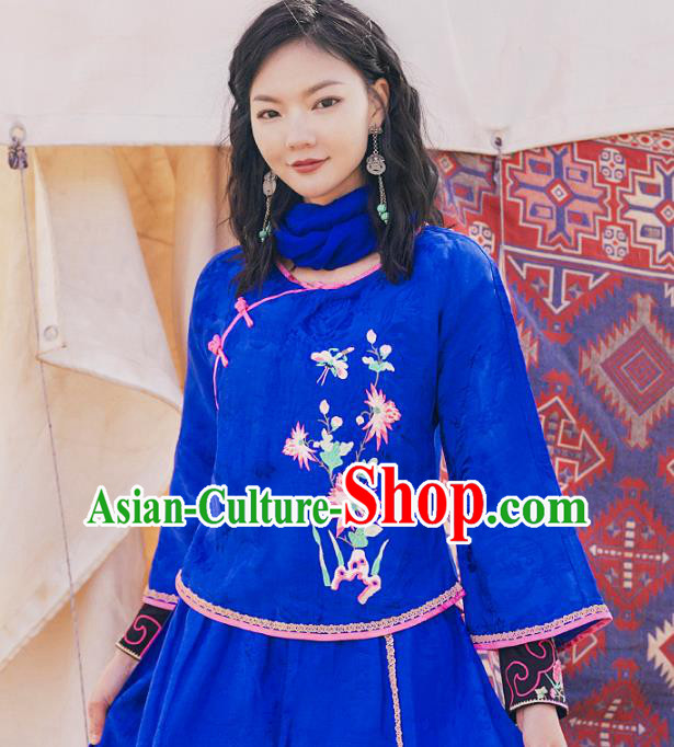 China National Clothing Tang Suit Upper Outer Garment Traditional Embroidered Royalblue Blouse China National Clothing Tang Suit Upper Outer Garment Traditional Embroidered Royalblue Blouse