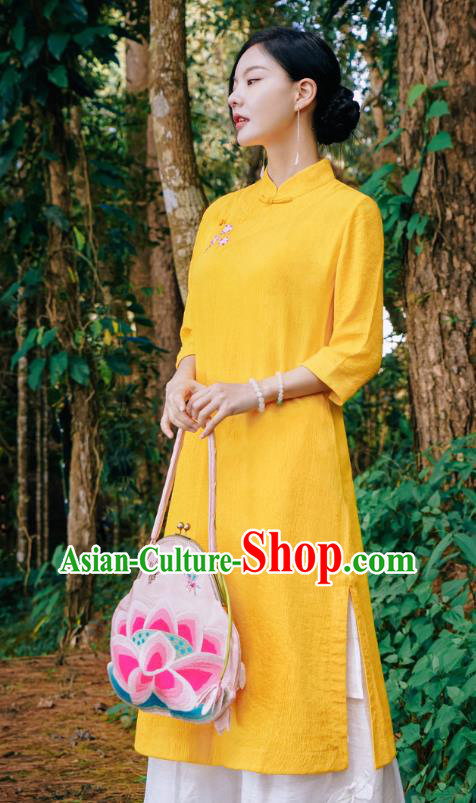 Chinese Traditional Stand Collar Yellow Qipao Dress National Young Lady Embroidered Cheongsam Costume Chinese Traditional Stand Collar Yellow Qipao Dress National Young Lady Embroidered Cheongsam Costume