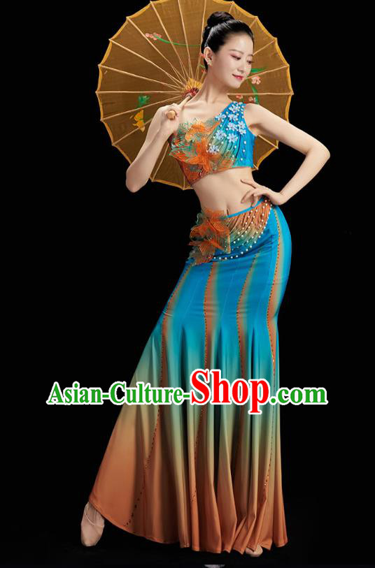 Chinese Yunnan Ethnic Peacock Dance Blue Dress Outfits Traditional Dai Nationality Folk Dance Costumes Chinese Yunnan Ethnic Peacock Dance Blue Dress Outfits Traditional Dai Nationality Folk Dance Costumes