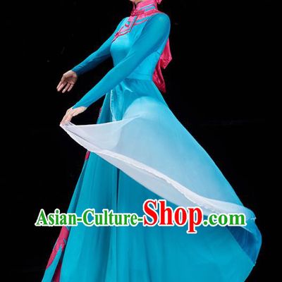 Chinese Mongolian Ethnic Dance Blue Dress Outfits Traditional Mongol Nationality Performance Costumes