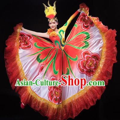 Chinese Traditional Spring Festival Gala Woman Group Dance Red Dress Peony Dance Opening Dance Costume