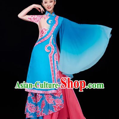 China Classical Dance Blue Dress Traditional Woman Solo Dance Costume Umbrella Dance Clothing