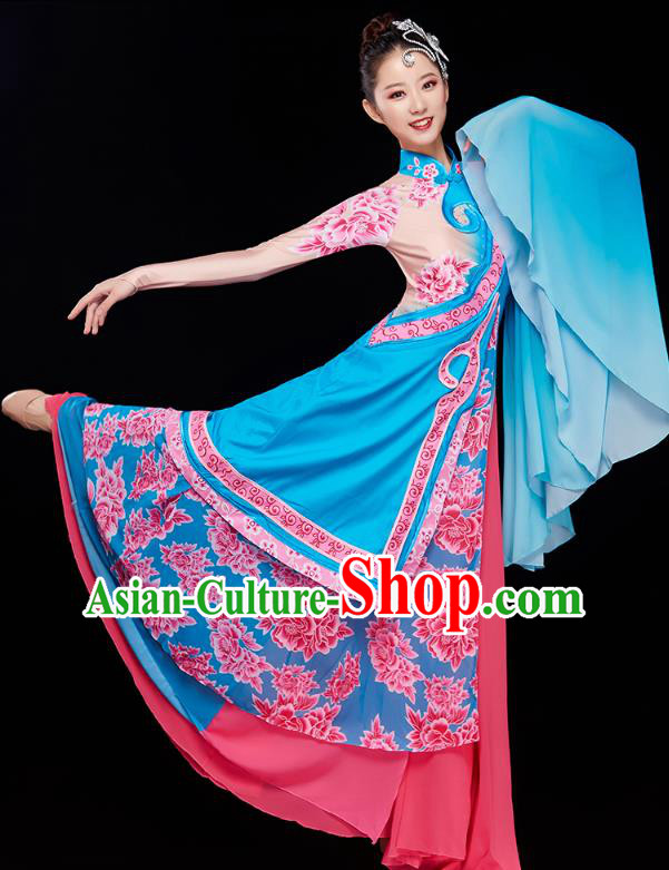 China Classical Dance Blue Dress Traditional Woman Solo Dance Costume Umbrella Dance Clothing China Classical Dance Blue Dress Traditional Woman Solo Dance Costume Umbrella Dance Clothing
