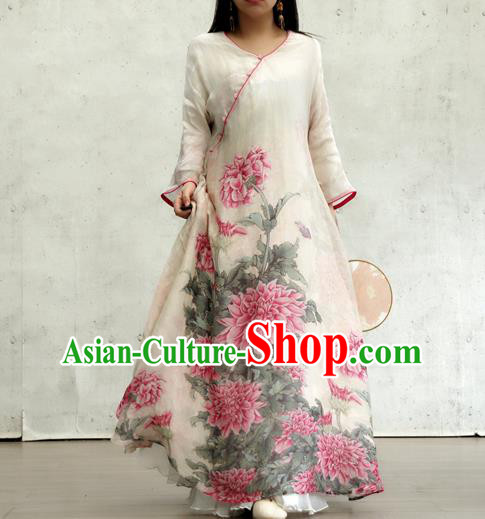 Chinese Printing Peony White Flax Qipao Dress Traditional National Woman Costume Chinese Printing Peony White Flax Qipao Dress Traditional National Woman Costume