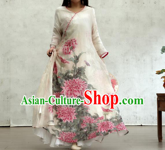 Chinese Printing Peony White Flax Qipao Dress Traditional National Woman Costume Chinese Printing Peony White Flax Qipao Dress Traditional National Woman Costume