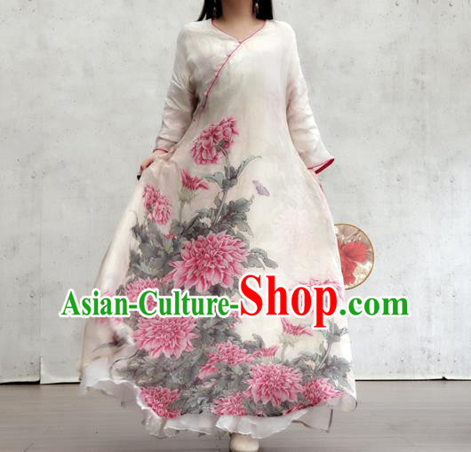 Chinese Printing Peony White Flax Qipao Dress Traditional National Woman Costume Chinese Printing Peony White Flax Qipao Dress Traditional National Woman Costume