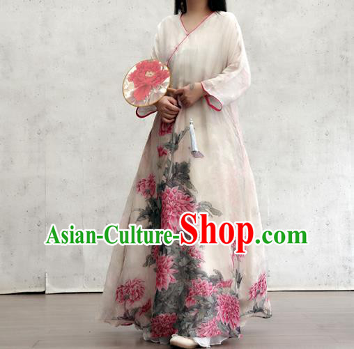 Chinese Printing Peony White Flax Qipao Dress Traditional National Woman Costume Chinese Printing Peony White Flax Qipao Dress Traditional National Woman Costume