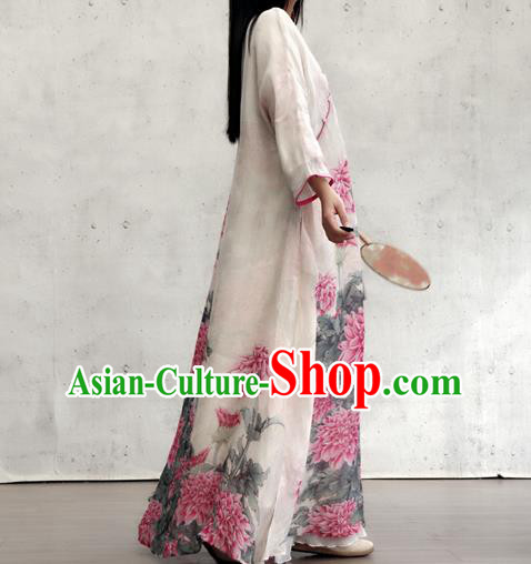 Chinese Printing Peony White Flax Qipao Dress Traditional National Woman Costume Chinese Printing Peony White Flax Qipao Dress Traditional National Woman Costume