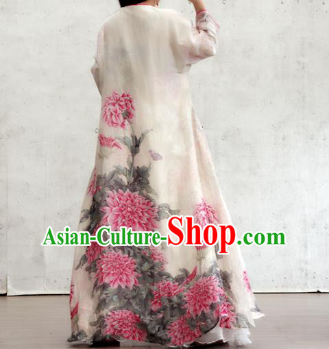 Chinese Printing Peony White Flax Qipao Dress Traditional National Woman Costume Chinese Printing Peony White Flax Qipao Dress Traditional National Woman Costume